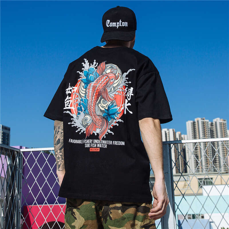 Men's T-shirt Chinese Style Koi Print Short-sleeve Available In Black And White, Back Koi And Wave Pattern With "like A Fish In Water" 