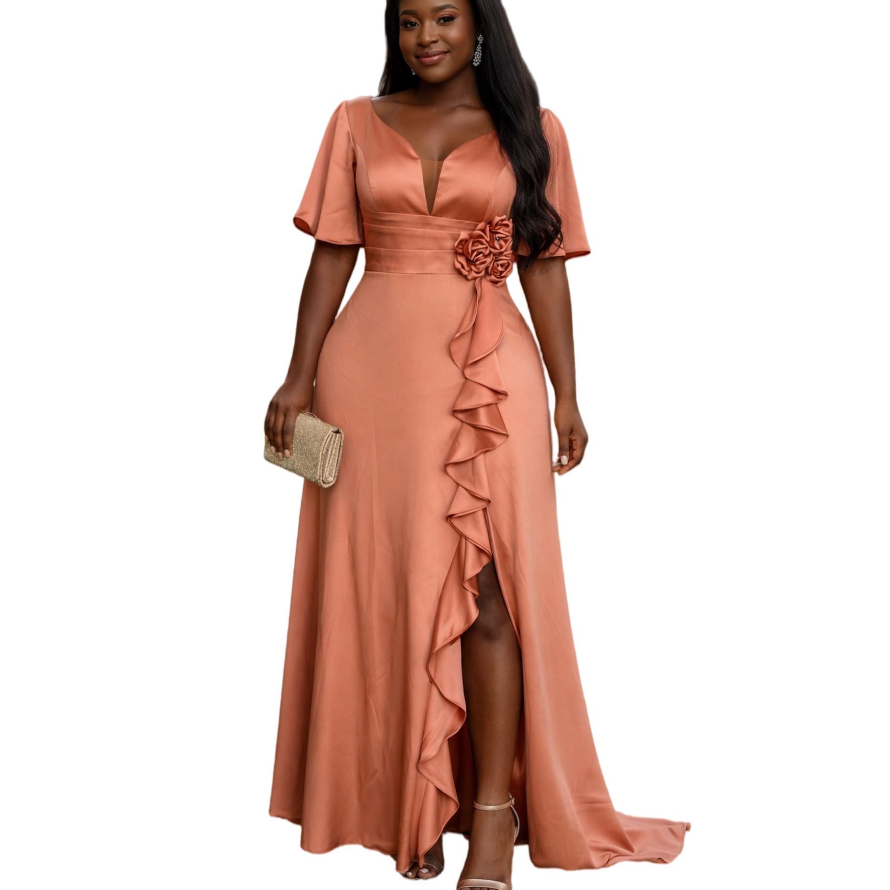 2026 Plus Size Peach A-line Mother Of Bride Dresses V-neck Short Sleeves Elastic Satin Evening Party Mama's Dress Vintage 50's Birthday Wedd
