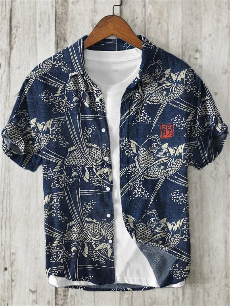 3D Octopus Printed Mens Linen Shirt Short Sleeve Folding Casual Fashion Summer 260209
