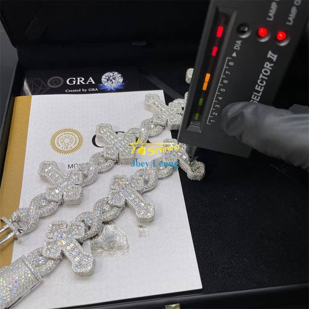 Luxury Cross Design Hip Hop Jewelry 925 Silver Charm Iced Out VVS Baguette Moissanite Cuban Bracelet