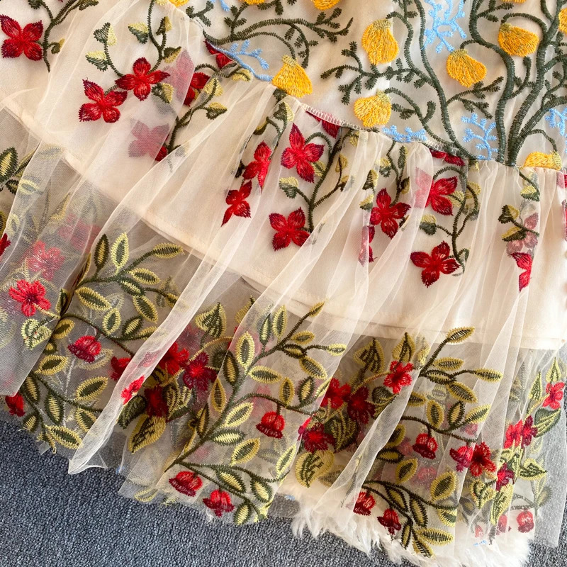 SINGREINY Retro Mesh Embroidery Dress Women Short Sleeve Ruffles A-line Dress Summer High Quality Elegant Chic Streetwear Dress 260127