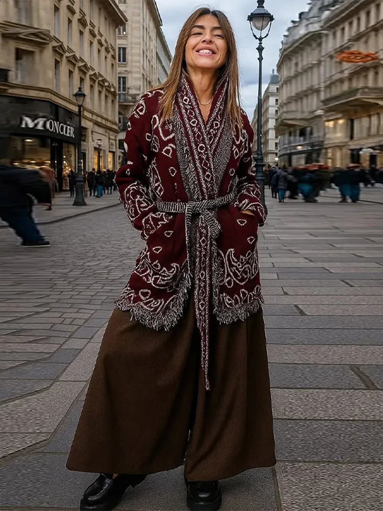 Womens Boho Print Knit Cardigan Top Fringe Trim Belted Long Sleeve Sweater Laceup Coat High Street Outerwear Outfit 260126