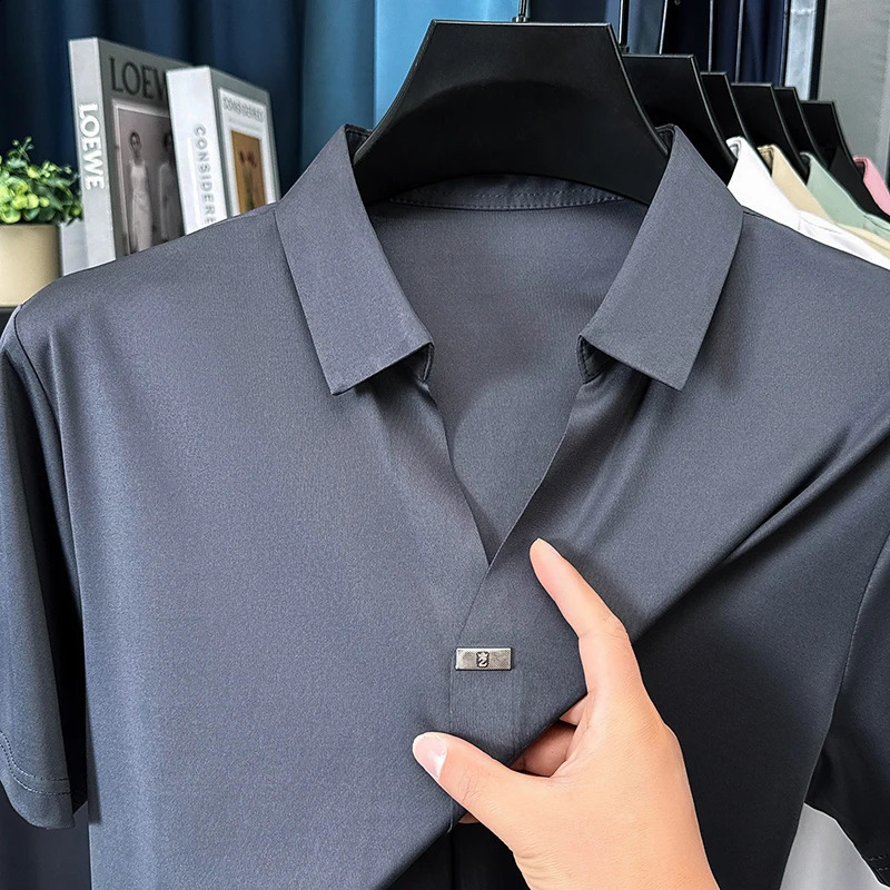 High quality ice silk short sleeve T-shirt mens lapel top trendy cool silky breathable summer casual polo shirt 260207