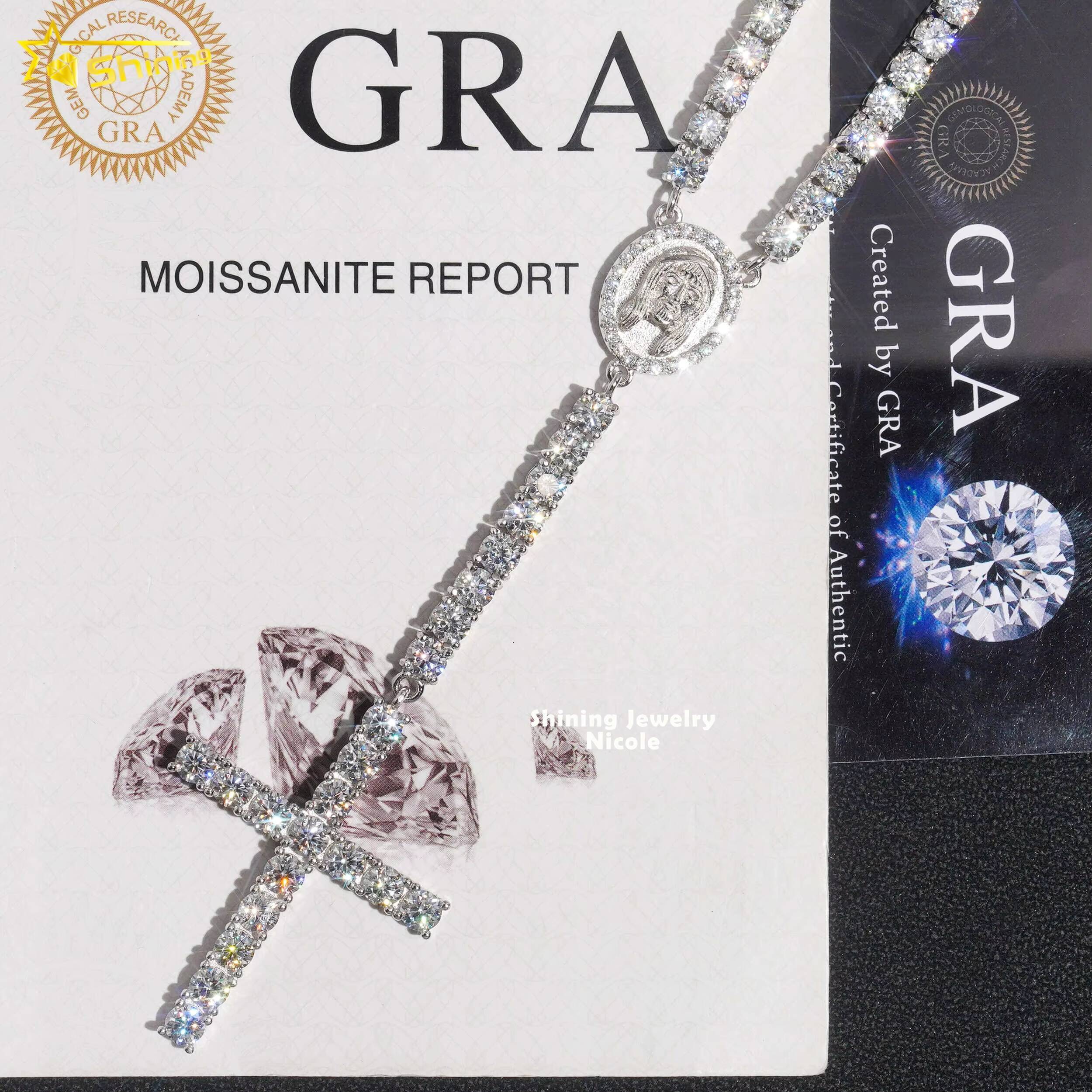 Hip Hop Fashion Trendy D VVS Moissanite Diamond 4MM Rosary Chain Cross Necklace 925 Silver Tennis Chain