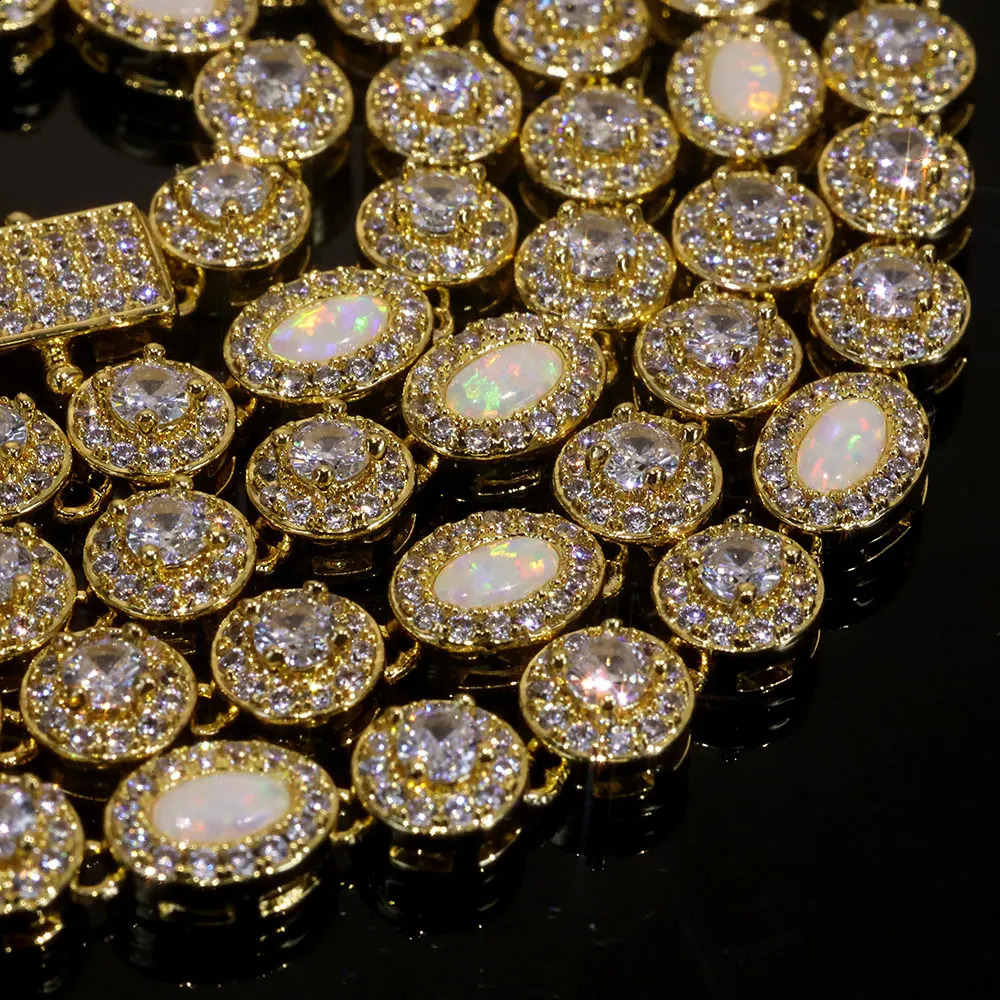 Hip Hop White CZ Flame Opal Tennis Chain Jewelry Round Cubic Zircon Oval Diamond Iced Out Cluster Necklace for Women 260206