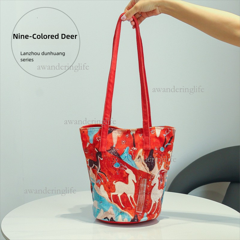 2026 Dunhuang Element Cultural And Creative Bucket Handbag Luxury Fashion Thick Particle Velvet Printed Women's Canvas Bag Trendy Leisure Mom Sho