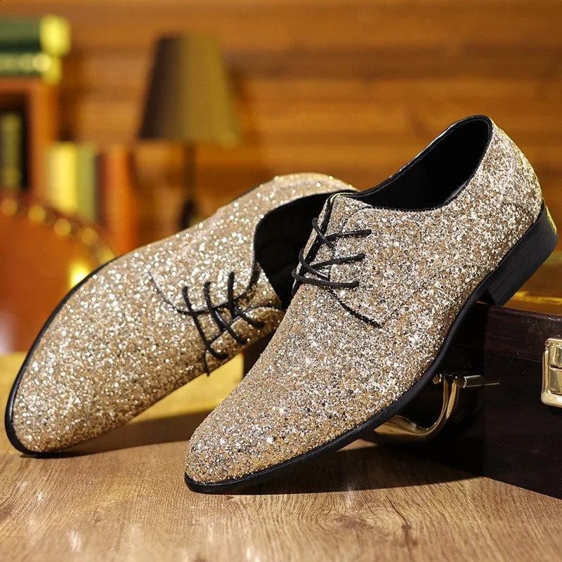 y Men Dress Shoes Gold Silver Sequin Wedding High Quality LaceUp Oxford Fashion ner Flats Large Size 260202