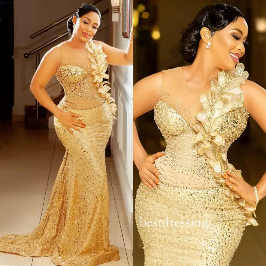 Nigeria African Aso Ebi Plus Size Prom Gold Evening Mermaid Sequin Lace Pearls Formal Birthday Dresses For Black Women Second Reception Gowns D0213