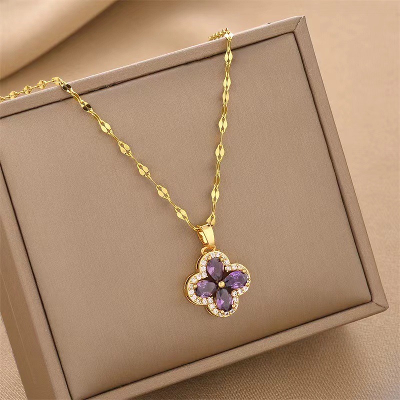 Necklace Gold Tone Clover Pendant Necklace With Purple Cubic Zirconia For Women Non-tarnish Fashion Accessory