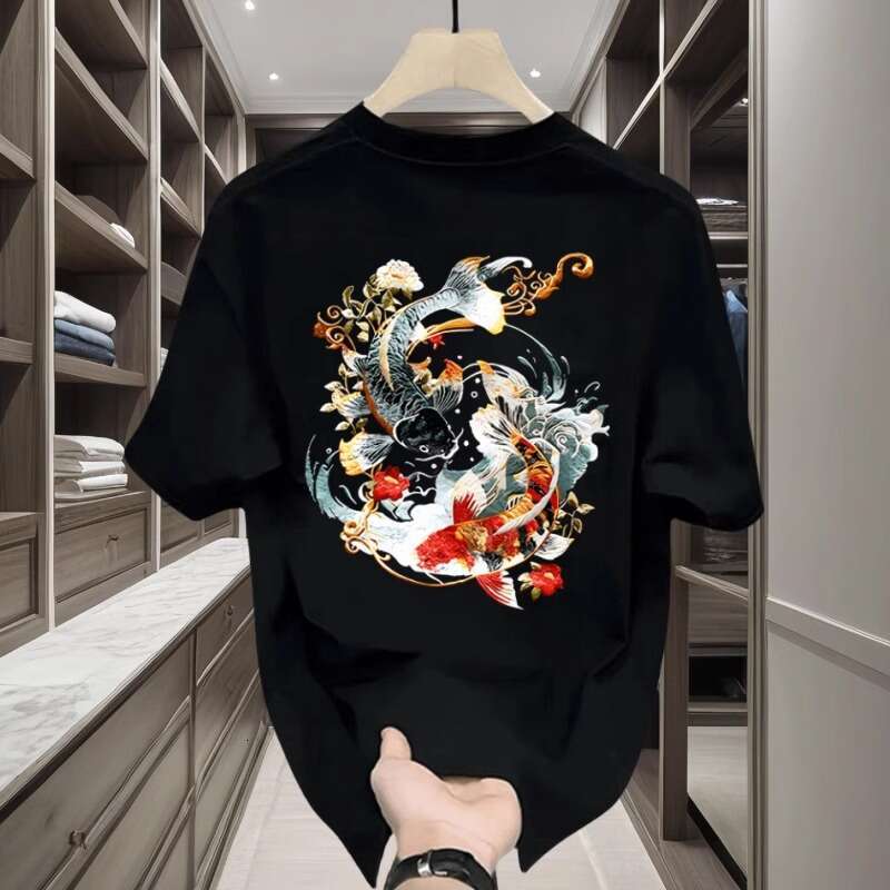 T-shirt For Men Short Sleeve Summer Koi Print National Trend Chinese Style Loose Casual Round Neck Base Shirt Top Comfortable Soft Casual