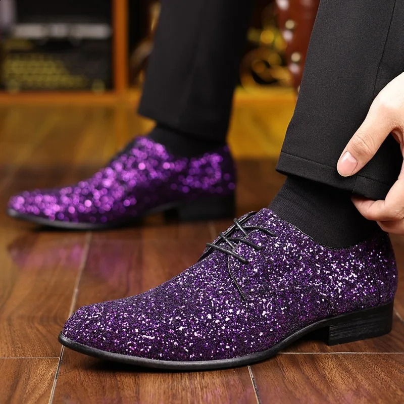 y Men Dress Shoes Gold Silver Sequin Wedding High Quality LaceUp Oxford Fashion ner Flats Large Size 260202