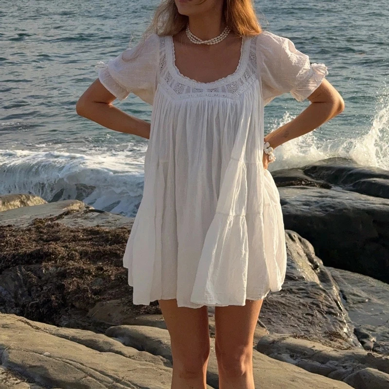 Women Vintage Puff Sleeve doll Dress Beach Day Flowy Mini Dress Y2k Kawaii Bow Tie Ruffle A Line Short Dress Summer Sundress 260206 - view 6