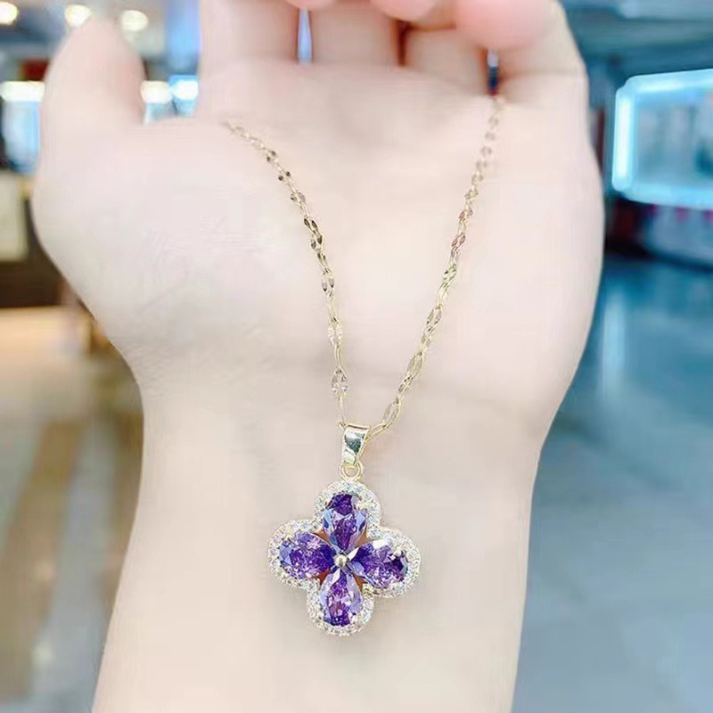 Necklace Gold Tone Clover Pendant Necklace With Purple Cubic Zirconia For Women Non-tarnish Fashion Accessory