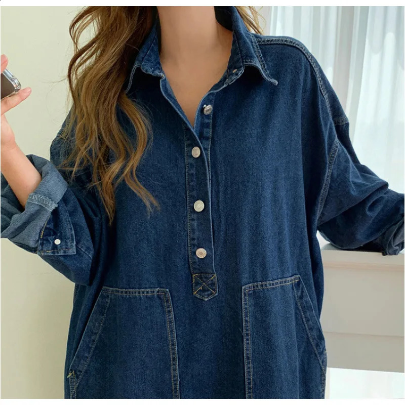 Long Dress Women Denim Dresses Turn Down Collar A Line Vestidos Maxi Mom Jeans Streetwear Casual Loose Y2k Summer 2025 Party 260126