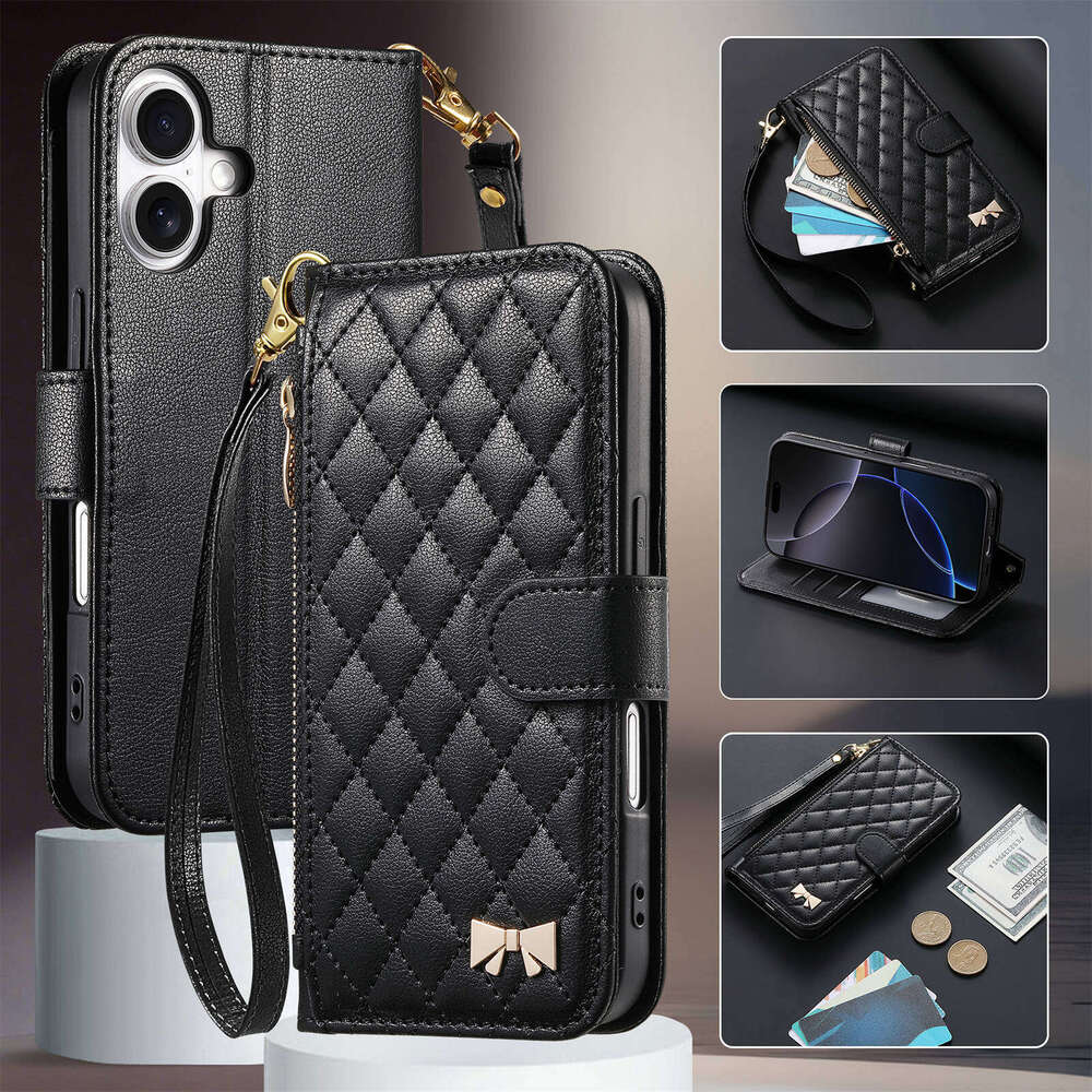 Quilted Leather Wallet Phone Case for iPhone 17/16/15 | Wristlet, Card Slots & Zipper Pocket