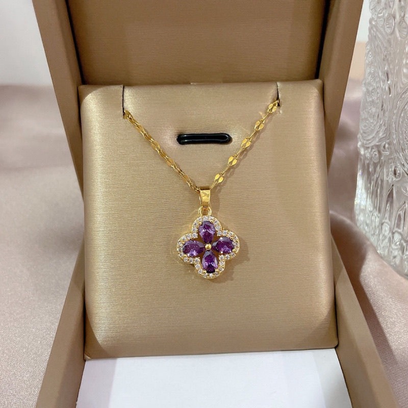 Necklace Gold Tone Clover Pendant Necklace With Purple Cubic Zirconia For Women Non-tarnish Fashion Accessory