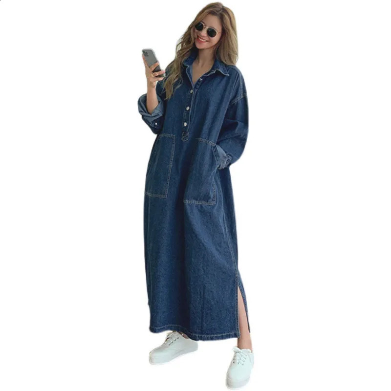 Long Dress Women Denim Dresses Turn Down Collar A Line Vestidos Maxi Mom Jeans Streetwear Casual Loose Y2k Summer 2025 Party 260126