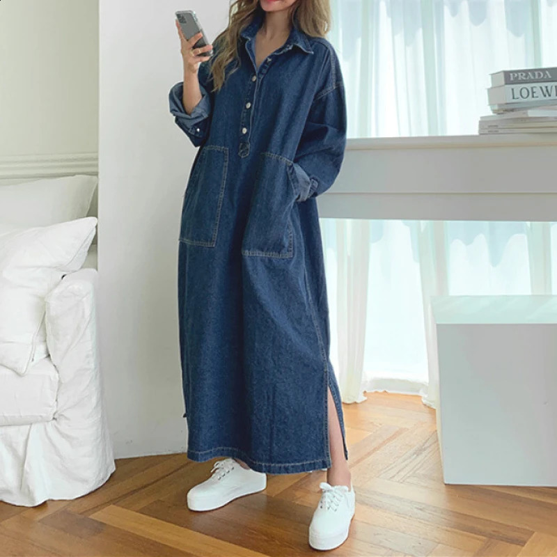 Long Dress Women Denim Dresses Turn Down Collar A Line Vestidos Maxi Mom Jeans Streetwear Casual Loose Y2k Summer 2025 Party 260126