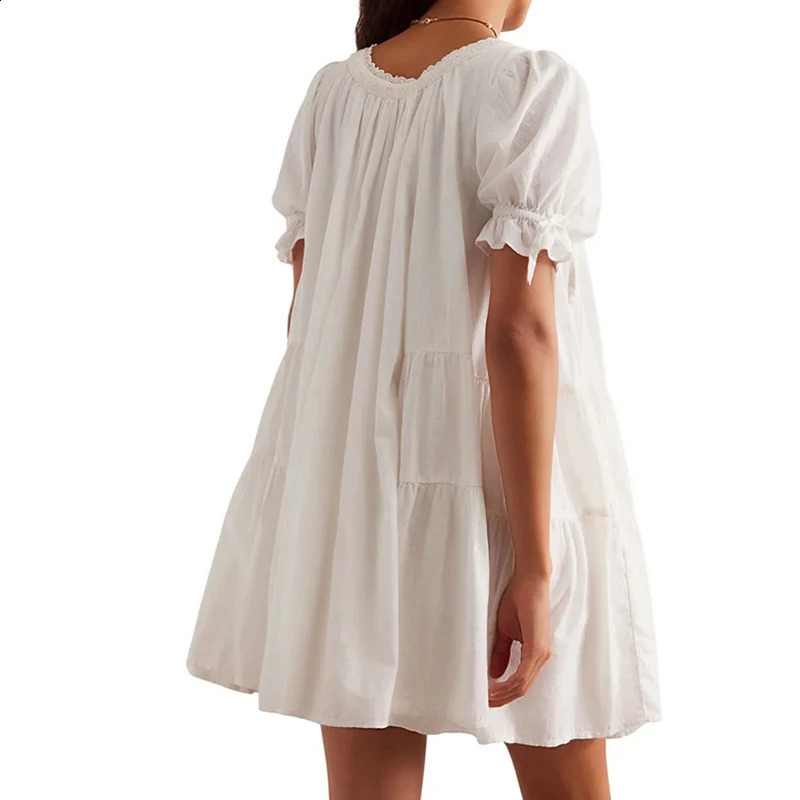 Women Vintage Puff Sleeve doll Dress Beach Day Flowy Mini Dress Y2k Kawaii Bow Tie Ruffle A Line Short Dress Summer Sundress 260206 - view 4