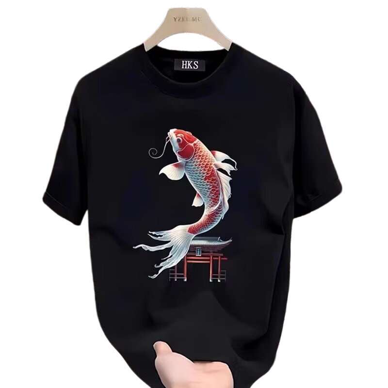 Men's T-shirt Chinese-style Koi Fish Print Short-sleeve Round Neck Summer Feel Casual Half-sleeve Base Shirt Daily Commute