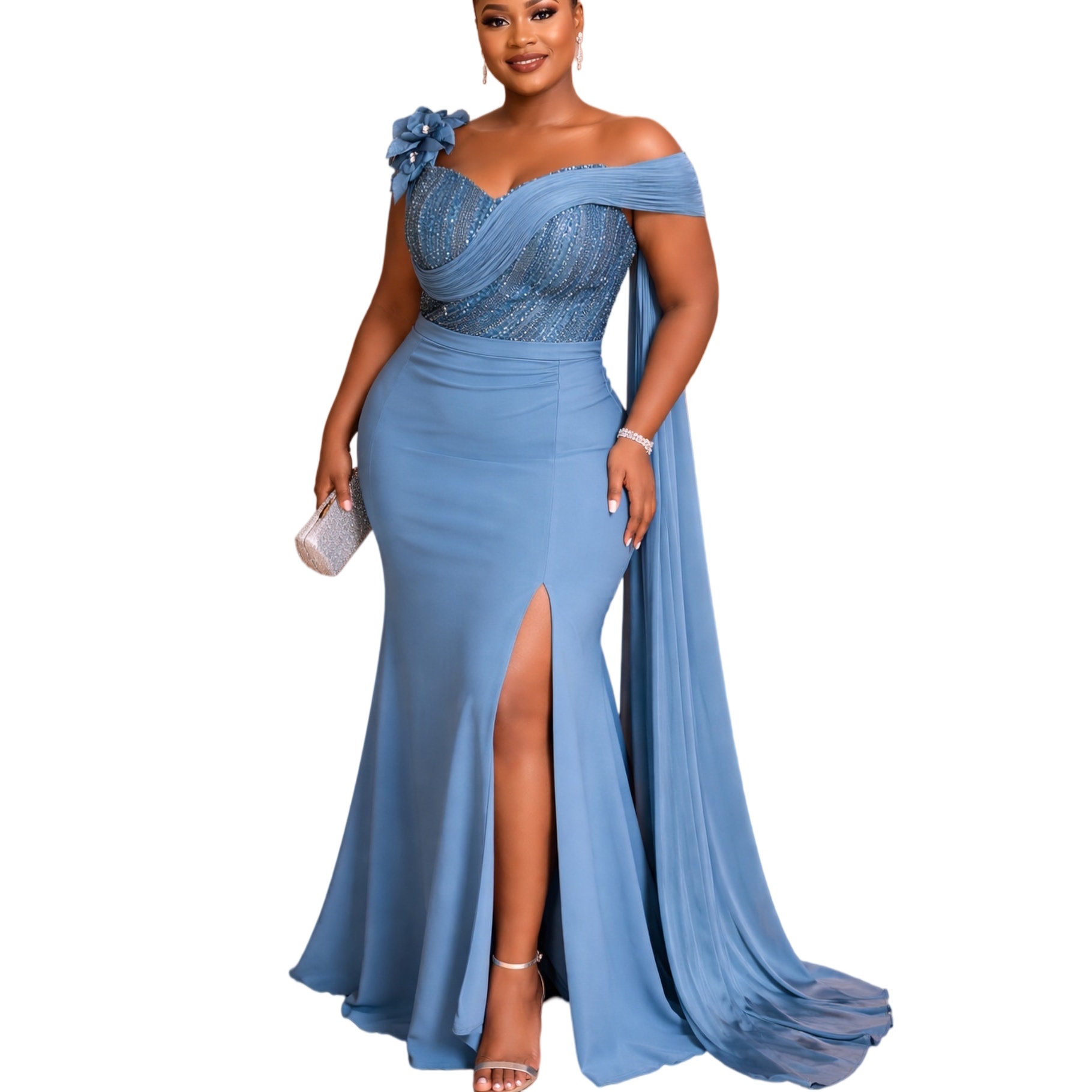 2026 Plus Size Sky Blue Mermaid Mother Of Bride Dresses Flowers Satin One Shoulder Evening Party Mama's Dress Vintage 50's Birthday Wedding 