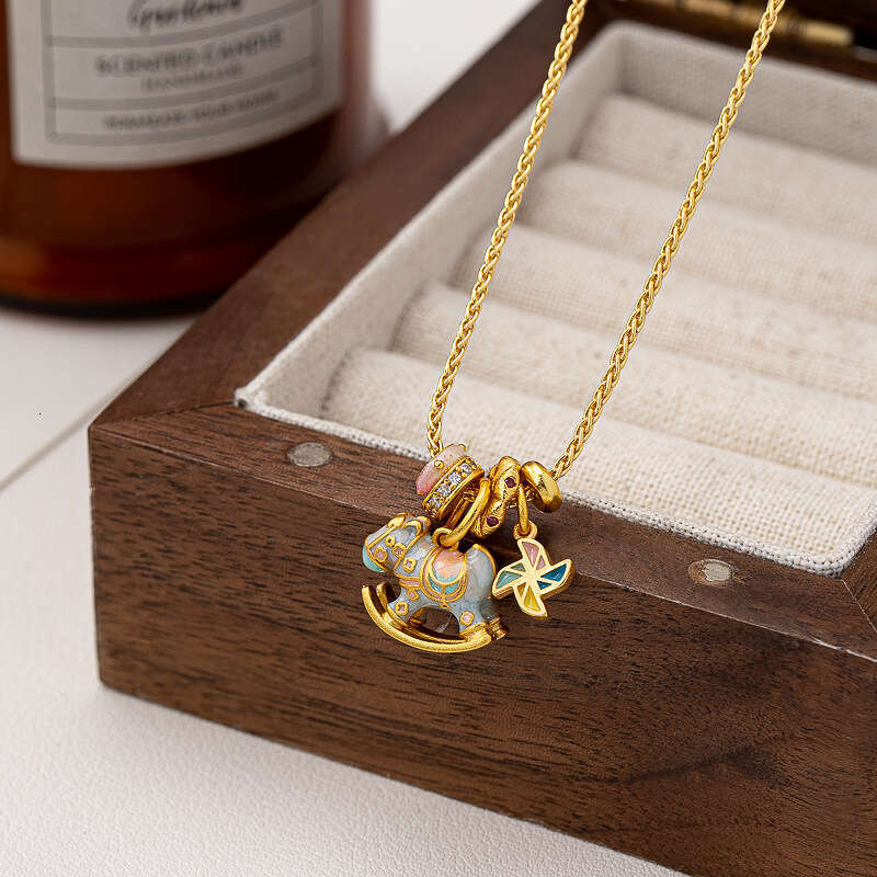 Luxury Women Jewelry Designer Necklace High Quality S925 Silver Enamel Macaron Color Gold Plated Rocking Horse Pendant Collarbone Sweater Necklace