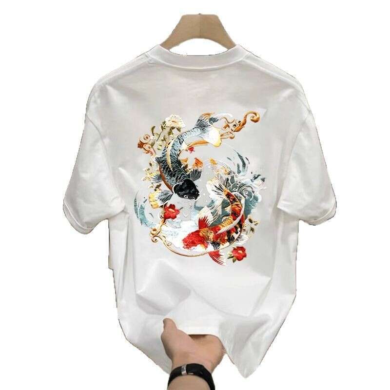 T-shirt For Men Short Sleeve Summer Koi Print National Trend Chinese Style Loose Casual Round Neck Base Shirt Top Comfortable Soft Casual