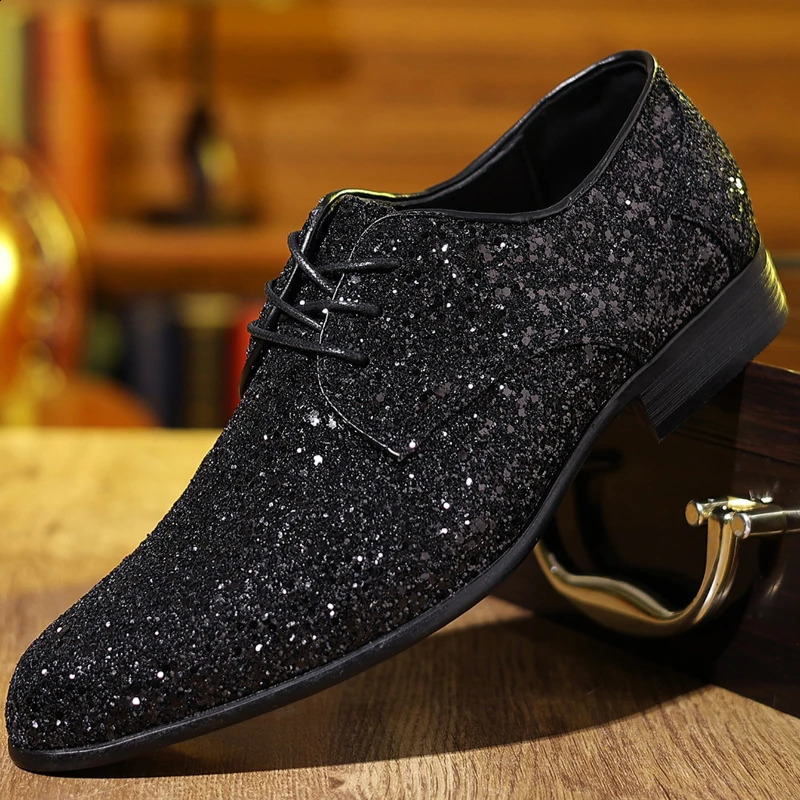 y Men Dress Shoes Gold Silver Sequin Wedding High Quality LaceUp Oxford Fashion ner Flats Large Size 260202