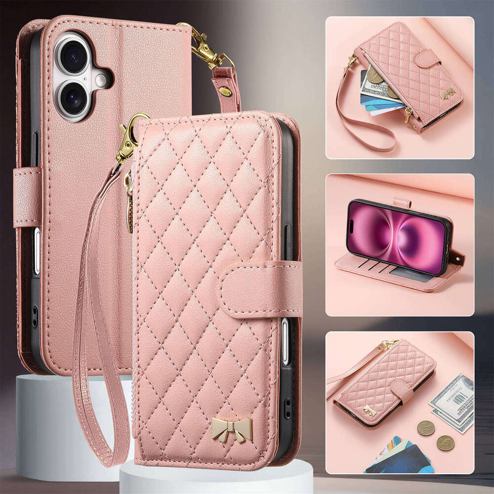 Quilted Leather Wallet Phone Case for iPhone 17/16/15 | Wristlet, Card Slots & Zipper Pocket