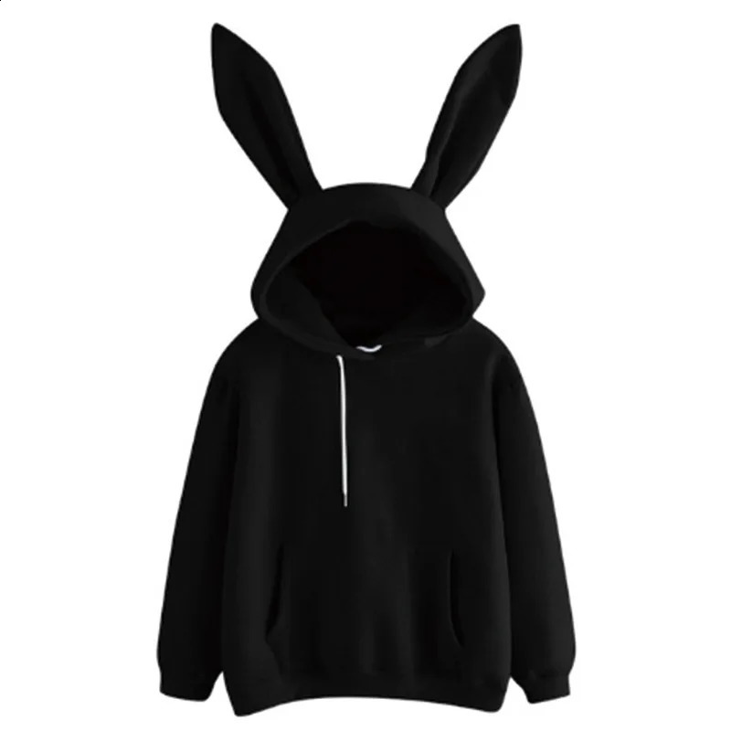 2025 autumn and winter womens clothing Harajuku Wei hooded rabbit hoodie solid color loose casual womens top womens coat 260202
