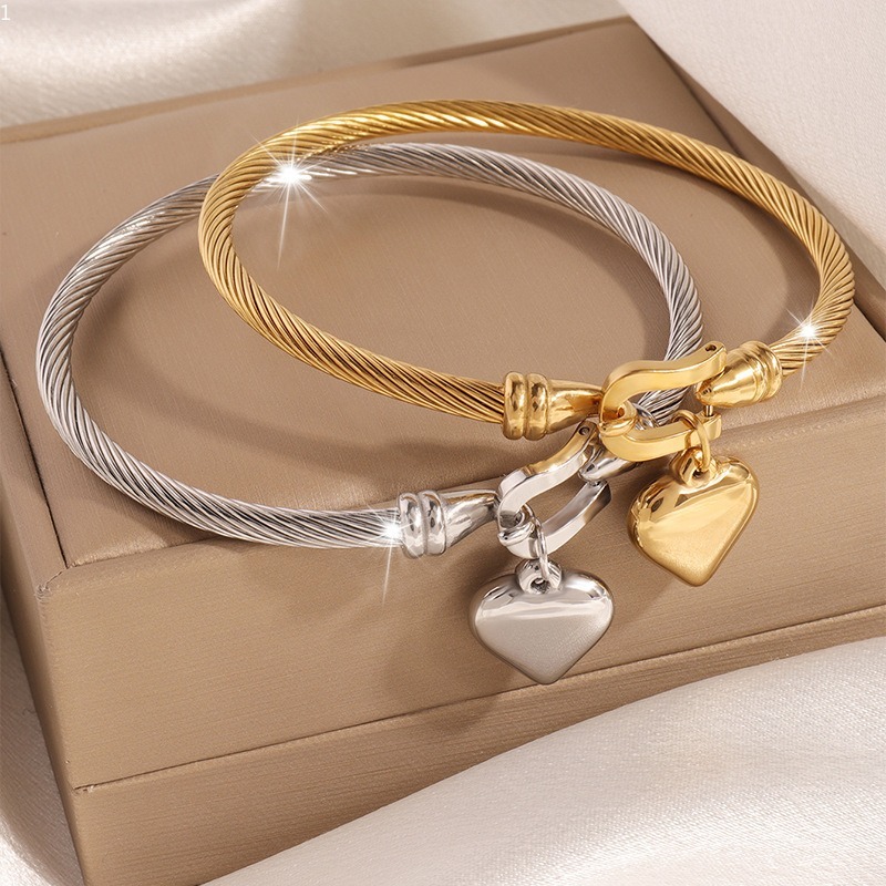 Bracelets Stainless Steel Gold Tone Silver Tone Heart Pendant Charm Bangle For Women Men Fashion Accessory
