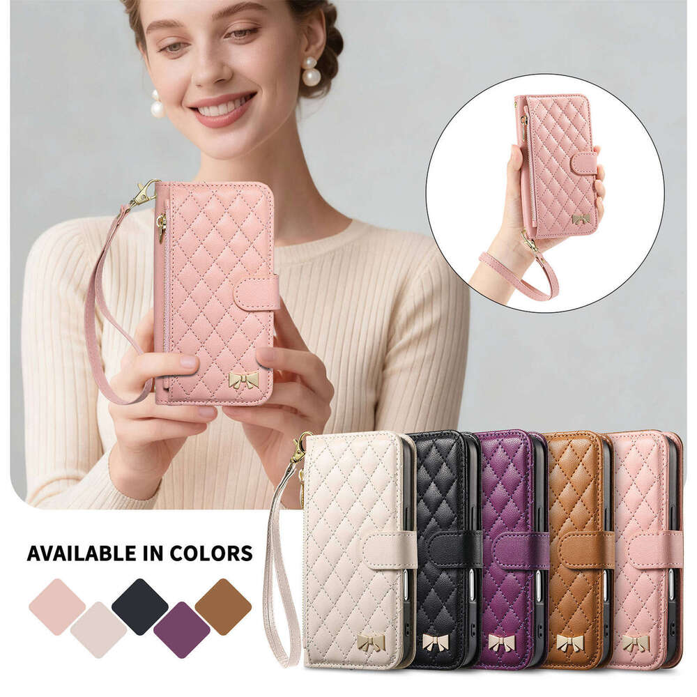 Quilted Leather Wallet Phone Case for iPhone 17/16/15 | Wristlet, Card Slots & Zipper Pocket