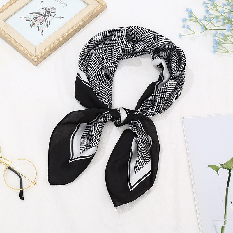 Scarf Silk Like Square Scarf For Women 70x70cm Fashion Striped Houndstooth Print Headband Bandana Four Seasons Sunscreen Shawl