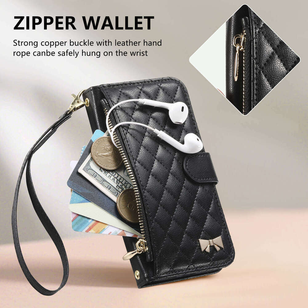 Quilted Leather Wallet Phone Case for iPhone 17/16/15 | Wristlet, Card Slots & Zipper Pocket