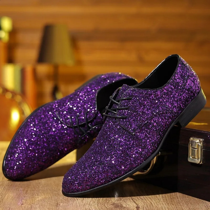 y Men Dress Shoes Gold Silver Sequin Wedding High Quality LaceUp Oxford Fashion ner Flats Large Size 260202
