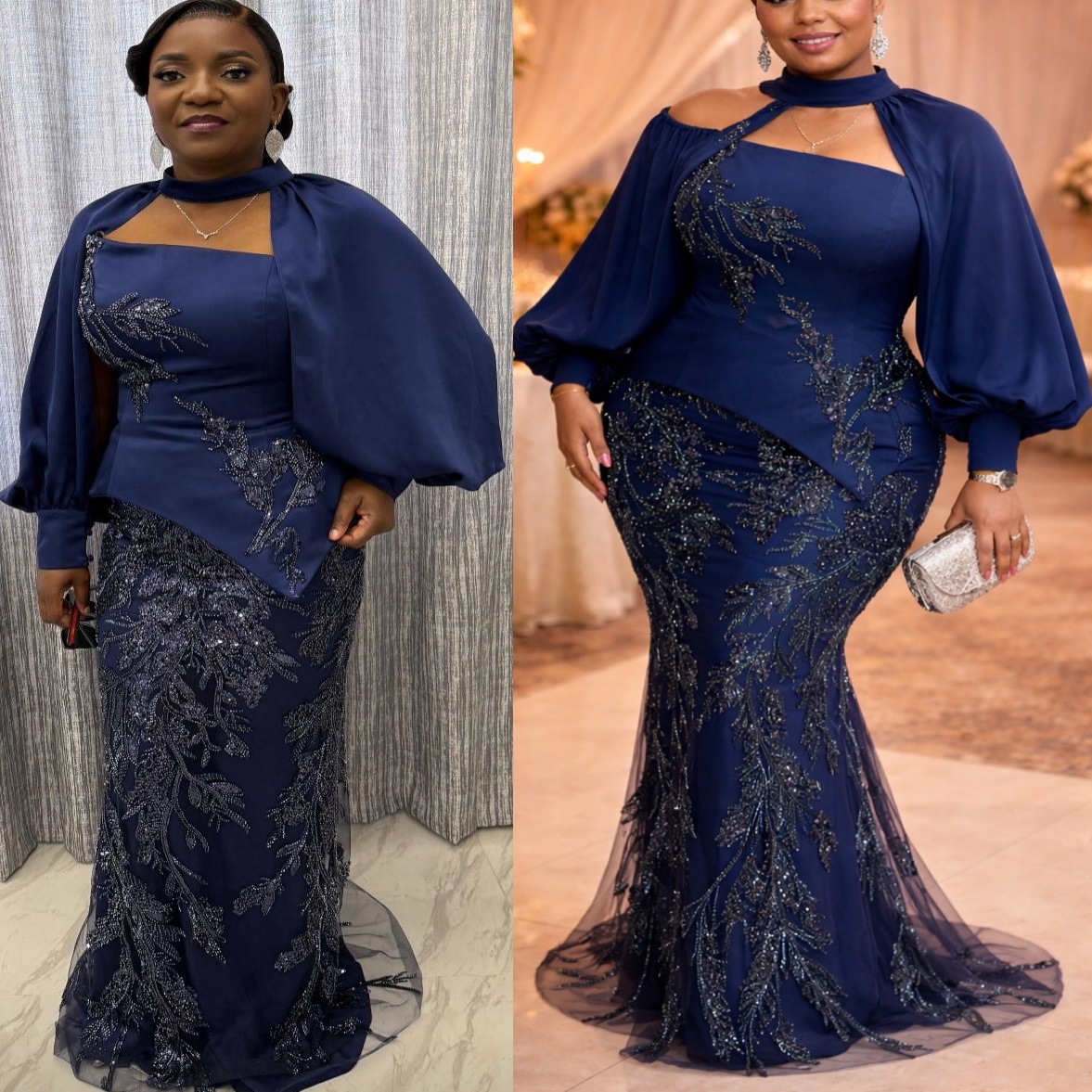 2026 Plus Size Navy Blue Mermaid Mother Of Bride Dresses Appliques Full Sleeves Evening Party Mama's Dress Vintage 50's Birthday Wedding Gue
