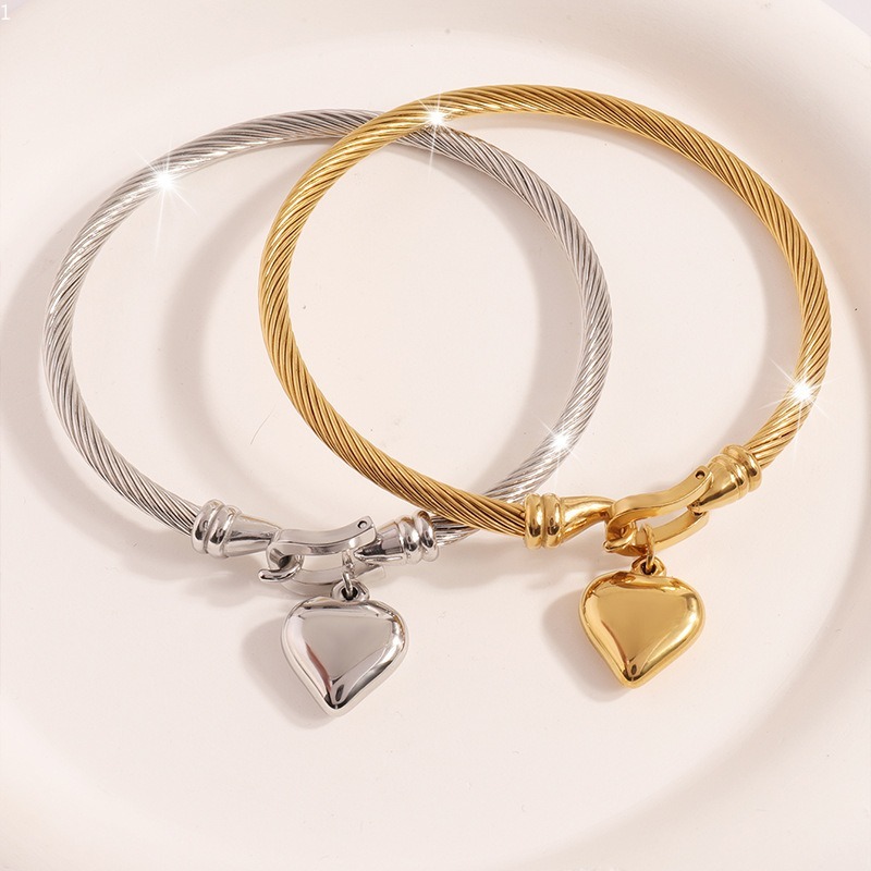 Bracelets Stainless Steel Gold Tone Silver Tone Heart Pendant Charm Bangle For Women Men Fashion Accessory