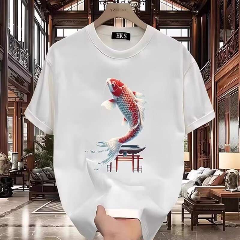 Men's T-shirt Chinese-style Koi Fish Print Short-sleeve Round Neck Summer Feel Casual Half-sleeve Base Shirt Daily Commute
