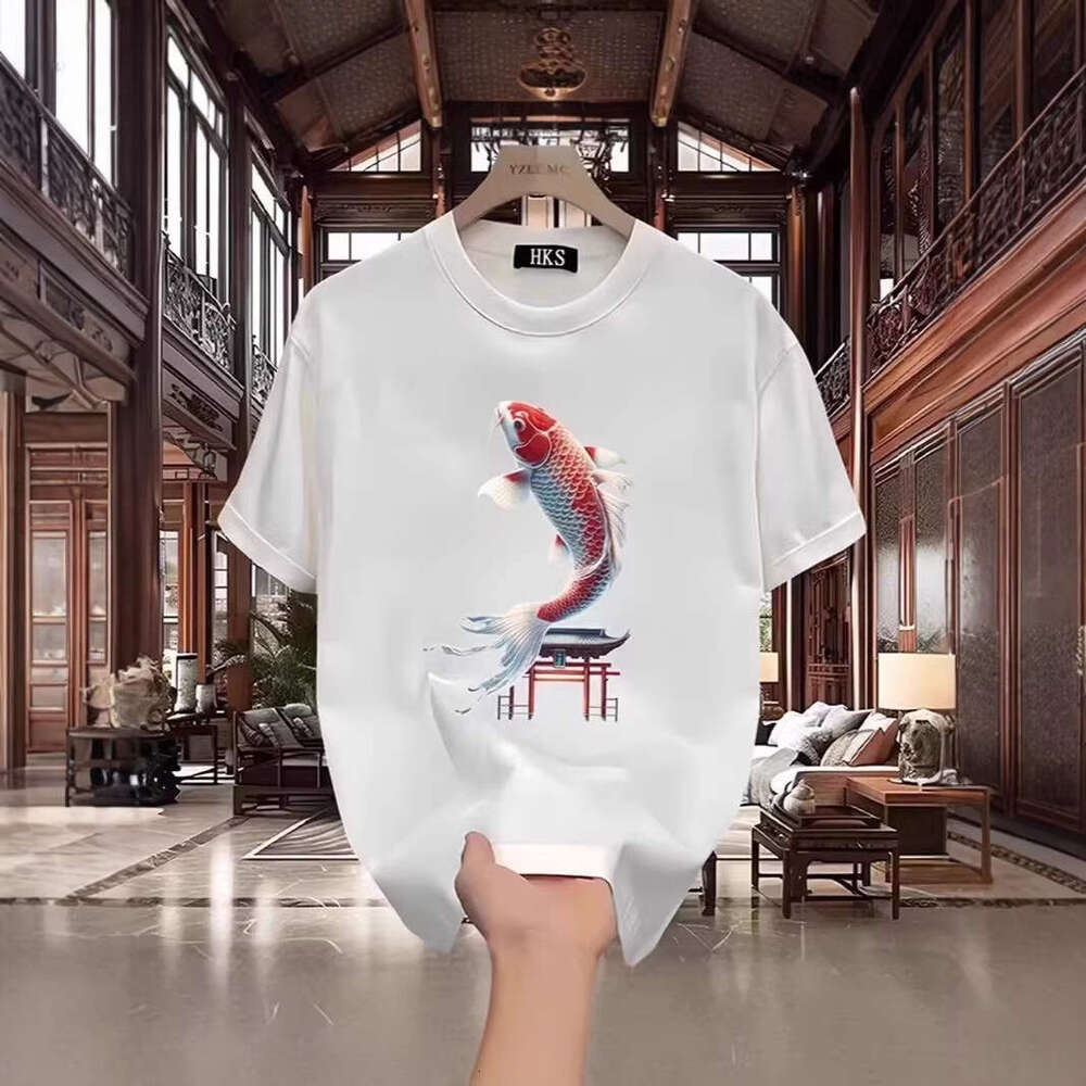 Men's T-shirt Chinese-style Koi Fish Print Short-sleeve Round Neck Summer Feel Casual Half-sleeve Base Shirt Daily Commute
