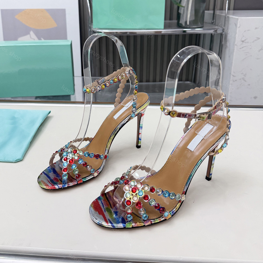 rhinestone Stiletto heel sandals clear PVC high heels crystal Ankle strap open toes High heels womens Luxury designer fashion Style heeled shoes 34-42 rubber sole