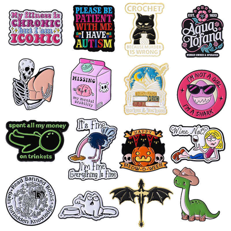 Cartoon brooches with personalized quotes, letters, animal, dinosaur, and cat designs, set of clothing accessories, metal enamel badges