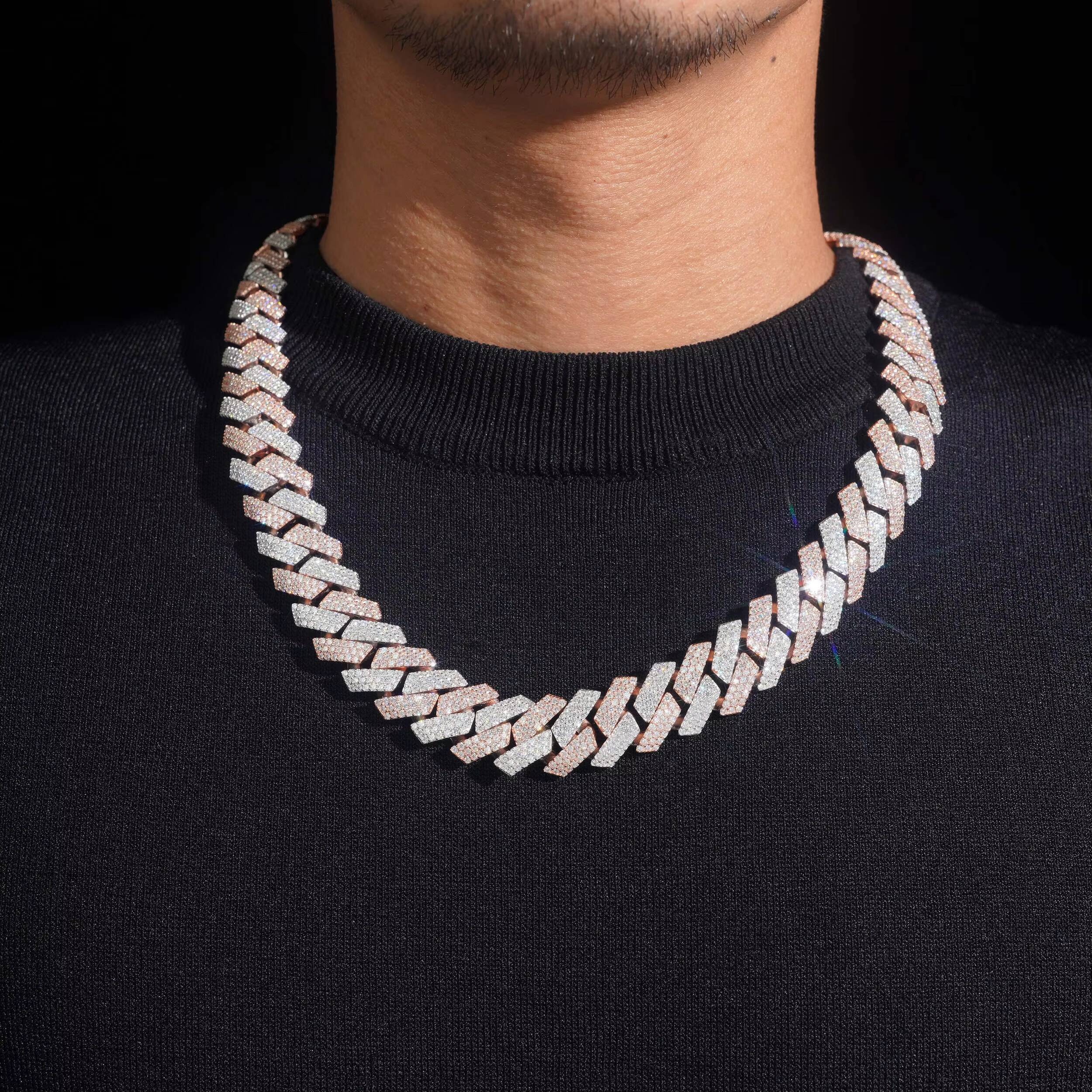 15MM Rose Gold Mix White Gold Sterling Silver Moissanite Diamond Iced Out Men Cuban LINK Necklace Jewelry