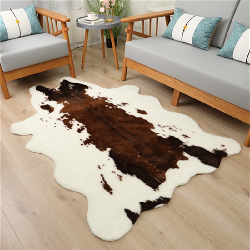 Rug Faux Fur Cowhide Zebra Print Irregular Area Rug for Living Room Bedroom Non-Slip Washable Animal Hide Carpet