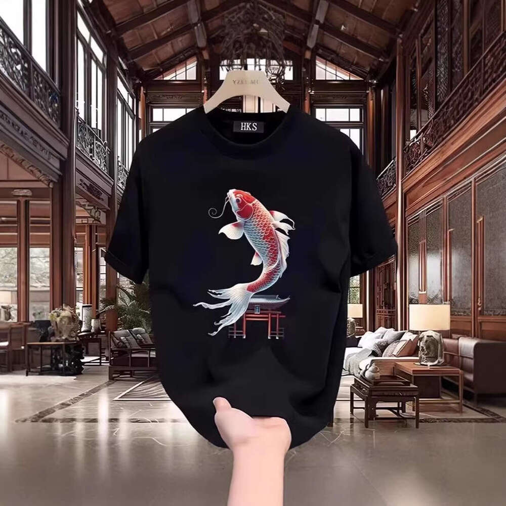 Men's T-shirt Chinese-style Koi Fish Print Short-sleeve Round Neck Summer Feel Casual Half-sleeve Base Shirt Daily Commute