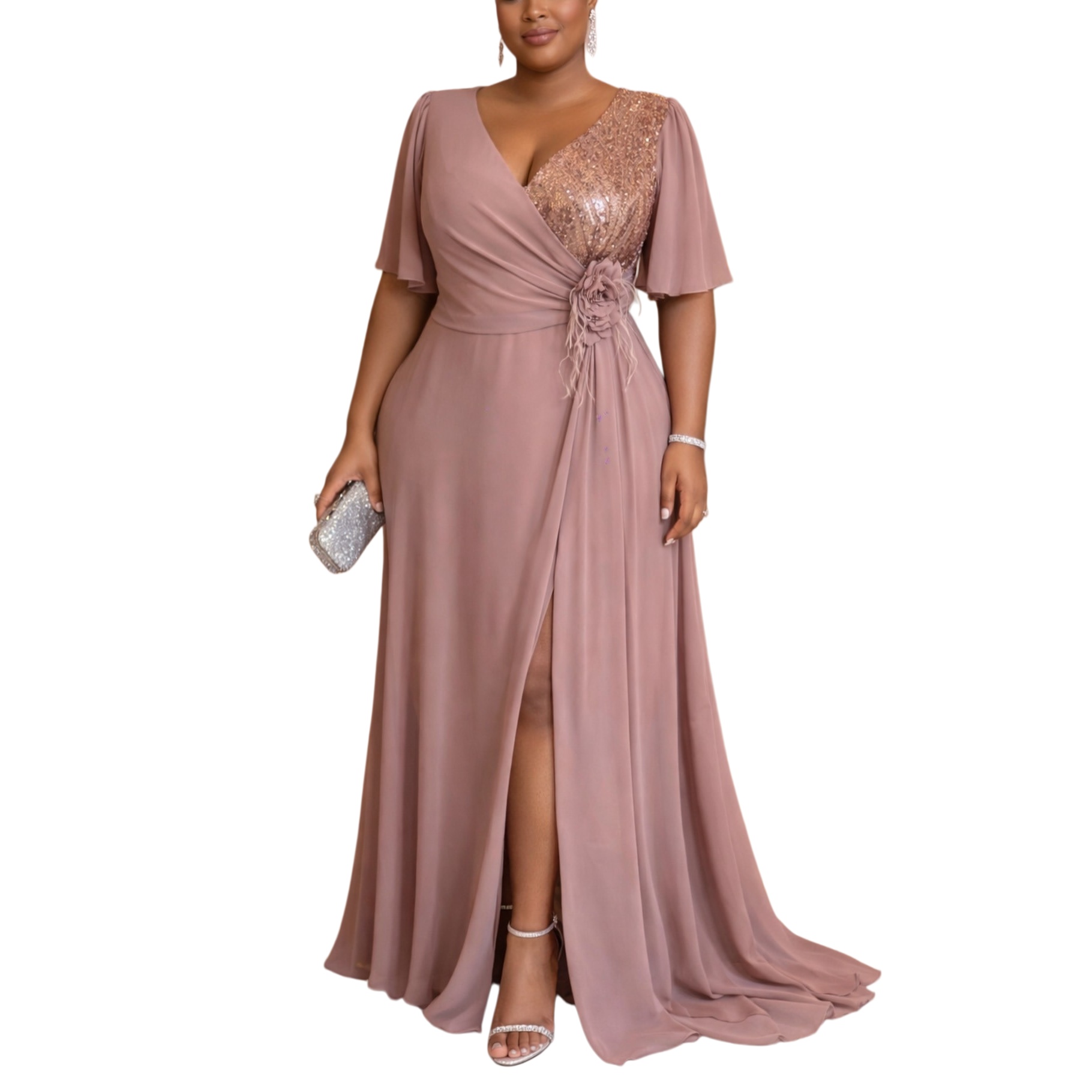 2026 Plus Size Blush Pink A-line Mother Of Bride Dresses Chiffon V-neck Flower Evening Party Mama's Dress Vintage 50's Birthday Wedding Gues