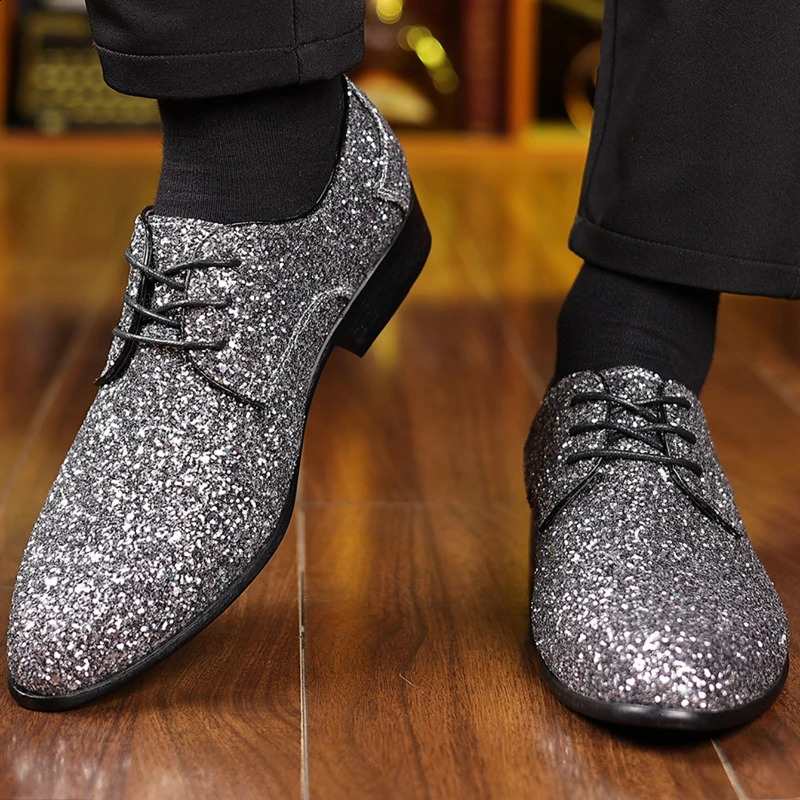 y Men Dress Shoes Gold Silver Sequin Wedding High Quality LaceUp Oxford Fashion ner Flats Large Size 260202