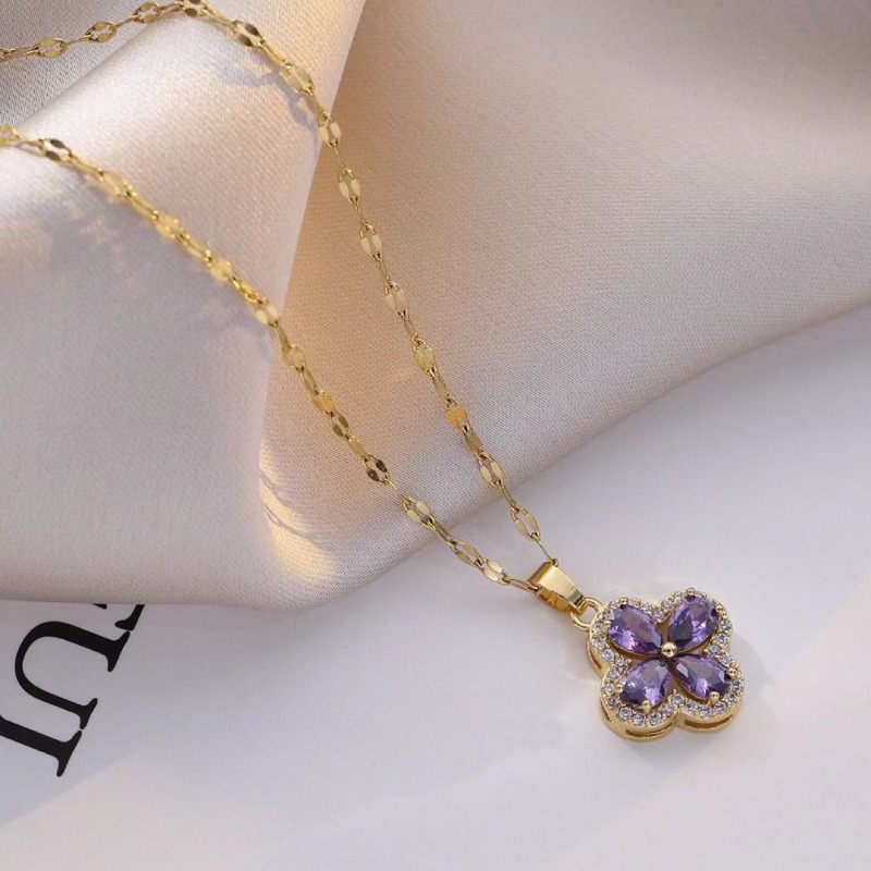 Necklace Gold Tone Clover Pendant Necklace With Purple Cubic Zirconia For Women Non-tarnish Fashion Accessory