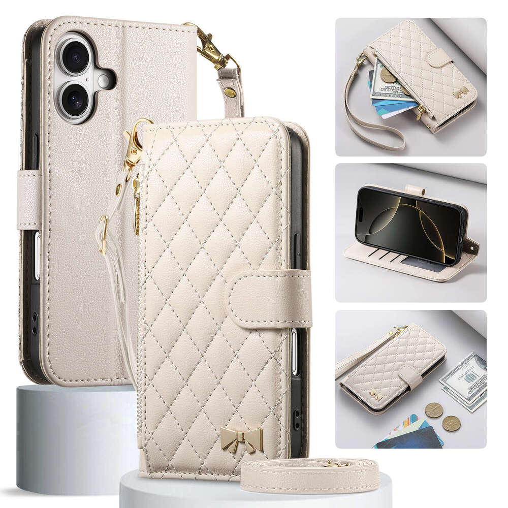 Quilted Leather Wallet Phone Case for iPhone 17/16/15 | Wristlet, Card Slots & Zipper Pocket