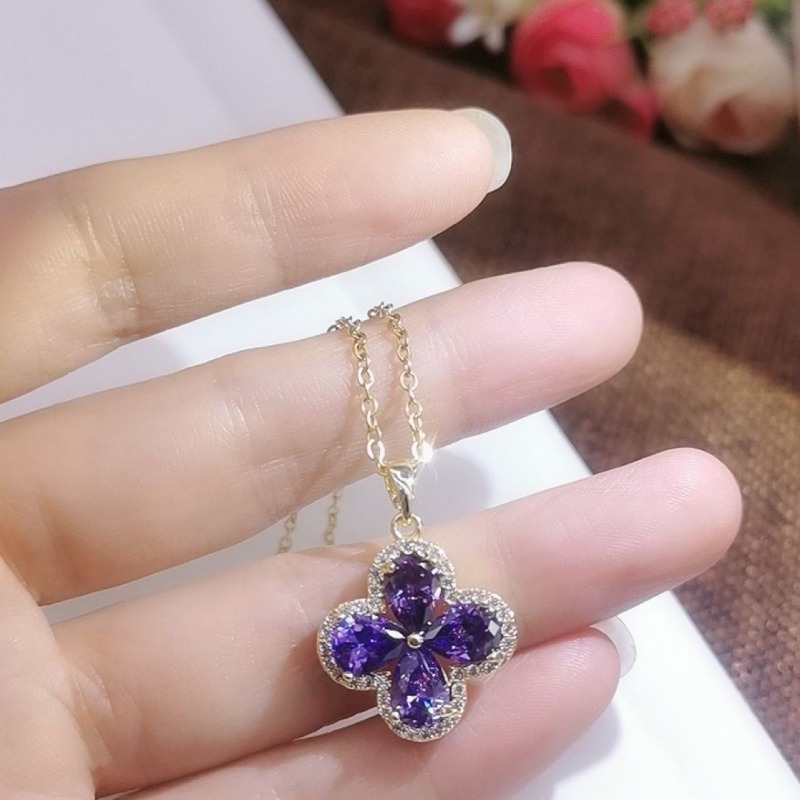 Necklace Gold Tone Clover Pendant Necklace With Purple Cubic Zirconia For Women Non-tarnish Fashion Accessory