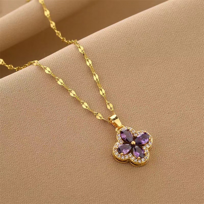 Necklace Gold Tone Clover Pendant Necklace With Purple Cubic Zirconia For Women Non-tarnish Fashion Accessory